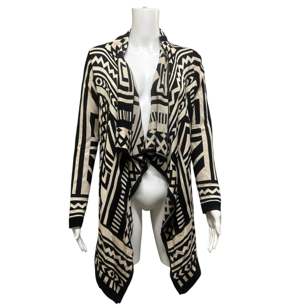 Forever 21 Black Off White Tribal Print Cascade Front Cardigan Size S